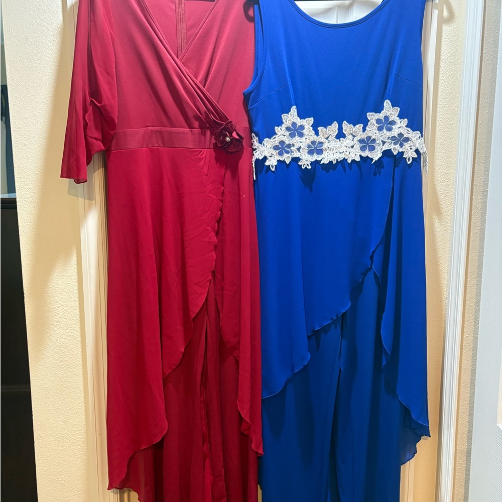 Asymmetrical Red and Blue Wrap Jumpsuit for Wedding Guest